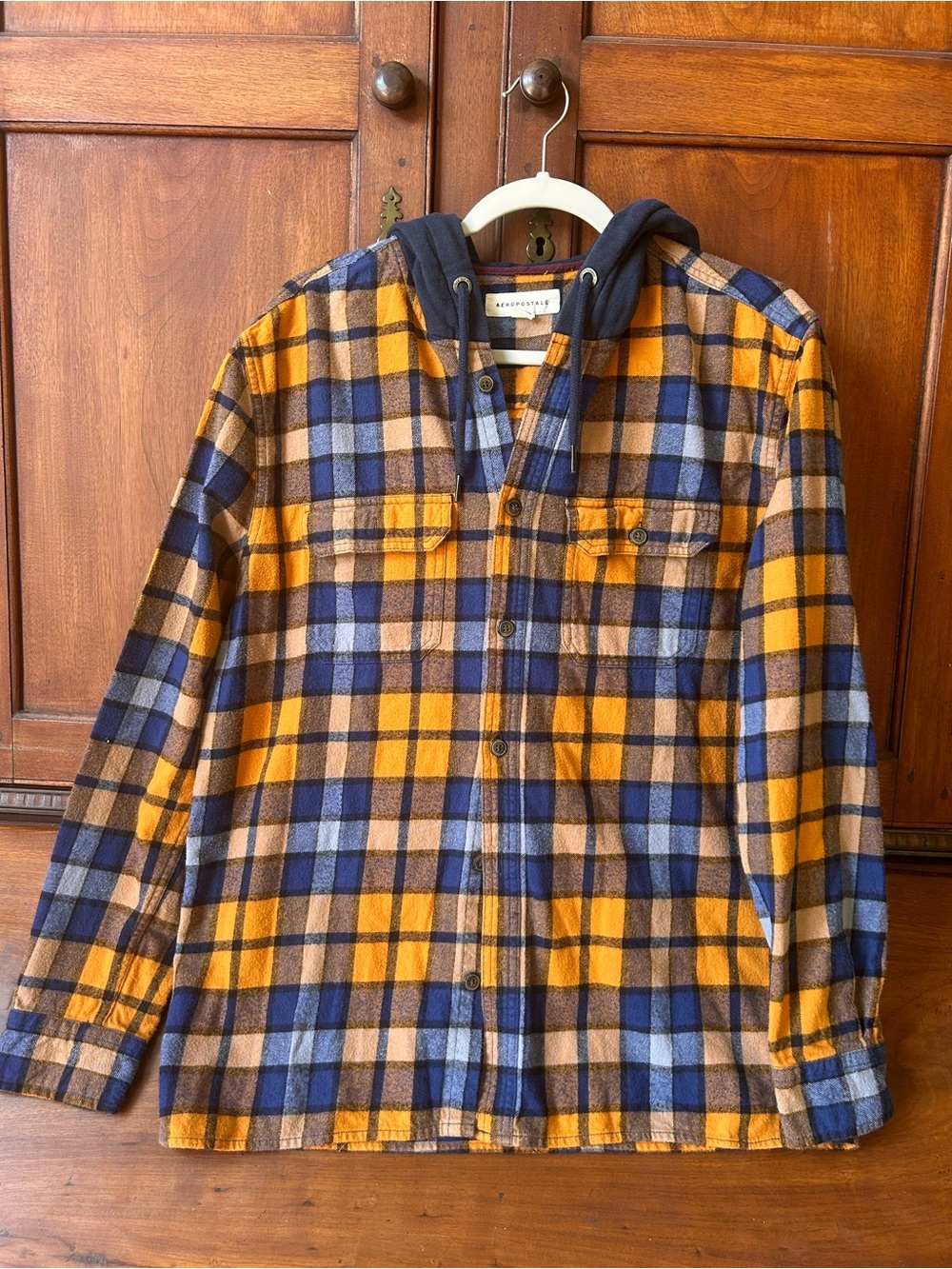 Aeropostale Men's Yellow, Blue & Tan Plaid Button-Down Hooded Shirt
